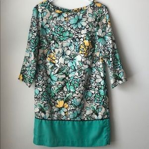 Green shift dress, flower print.